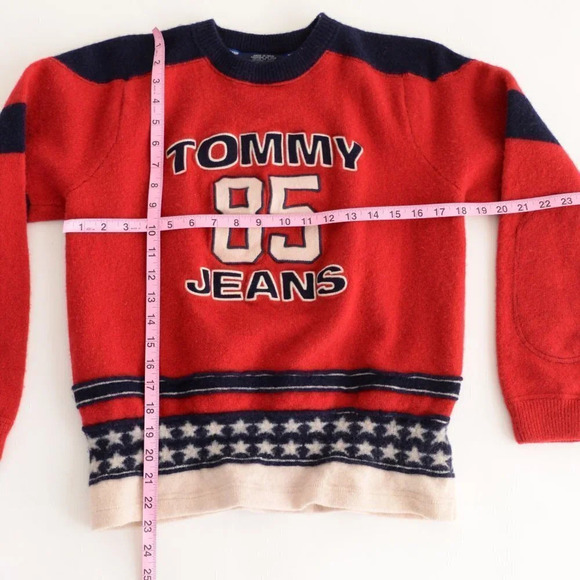 Vintage Tommy 85 Jeans Red & Blue 100% Lambswool Crewneck Sweater - Picture 4 of 15